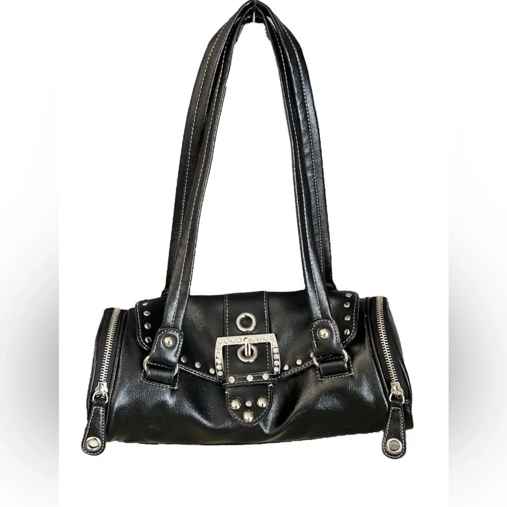 Kathy Van Zeeland Y2K Black Tootsie Roll Purse Satchel Side Zip Rhinestone - Picture 2 of 16